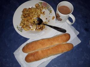 Breakfast omelette, bread and tea