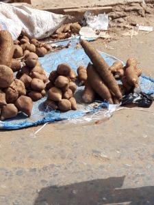 Market - L to R - yam, sweet potato, cassava